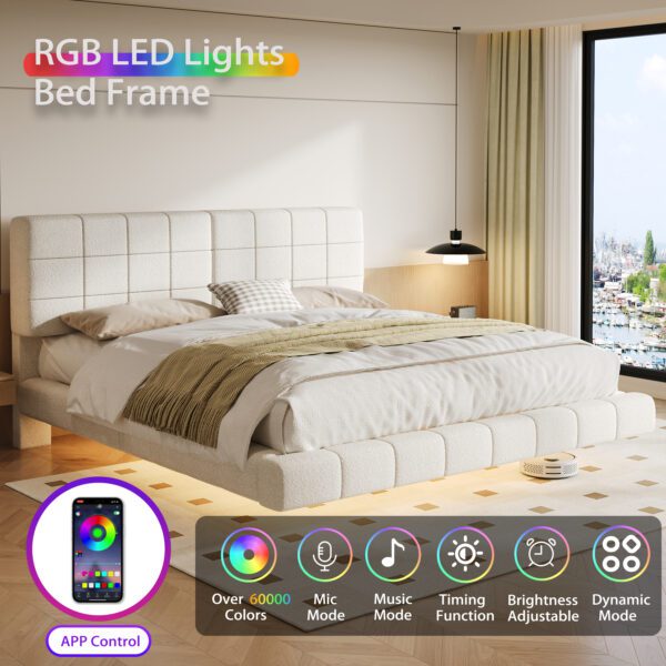 White Boucle Floating Bed with Light