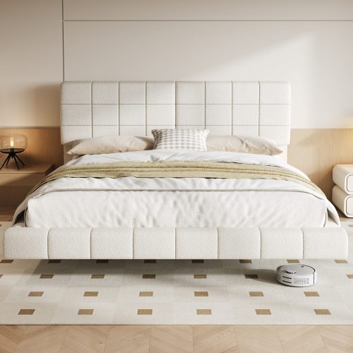 White Boucle Floating Bed with Light