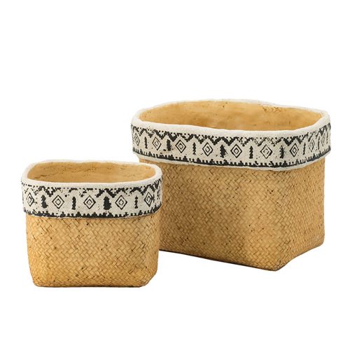 Set of 2 Rectangular Basket Planters with Geometric Trim,