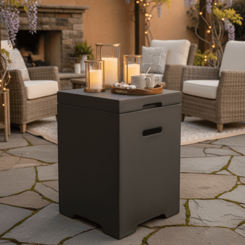 Propane Tank Cover Table, Outdoor Cylinder Hideaway Table for Gas Fire Pit and Gas Griddle, Outdoor Side Table for Fire Pit, Light Concrete, Dark Grey