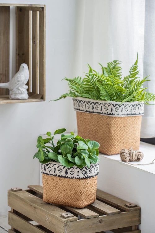 Set of 2 Rectangular Basket Planters with Geometric Trim,