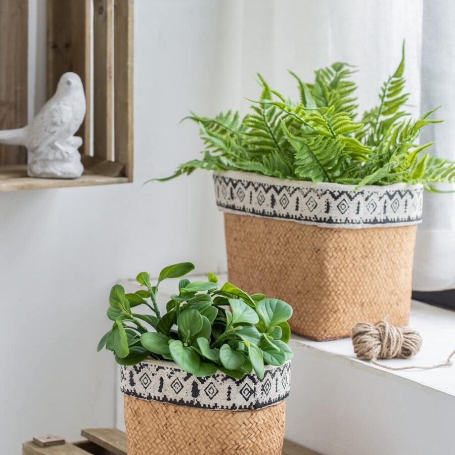 Set of 2 Rectangular Basket Planters with Geometric Trim,
