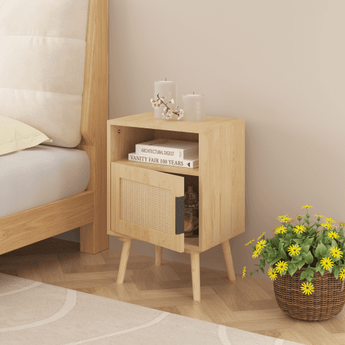 1bae5d7c64475adaf0f057d2812ca4e0 22.83'' H Rattan Nightstand, Side Table with Door Open Shelf