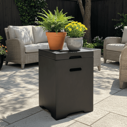 Propane Tank Cover Table, Outdoor Cylinder Hideaway Table for Gas Fire Pit and Gas Griddle, Outdoor Side Table for Fire Pit, Light Concrete, Dark Grey