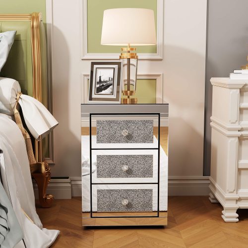 3-Drawer Mirrored Nightstand Bedside Table Glass Accent End Table Silver