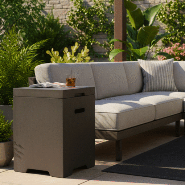 Propane Tank Cover Table, Outdoor Cylinder Hideaway Table for Gas Fire Pit and Gas Griddle, Outdoor Side Table for Fire Pit, Light Concrete, Dark Grey