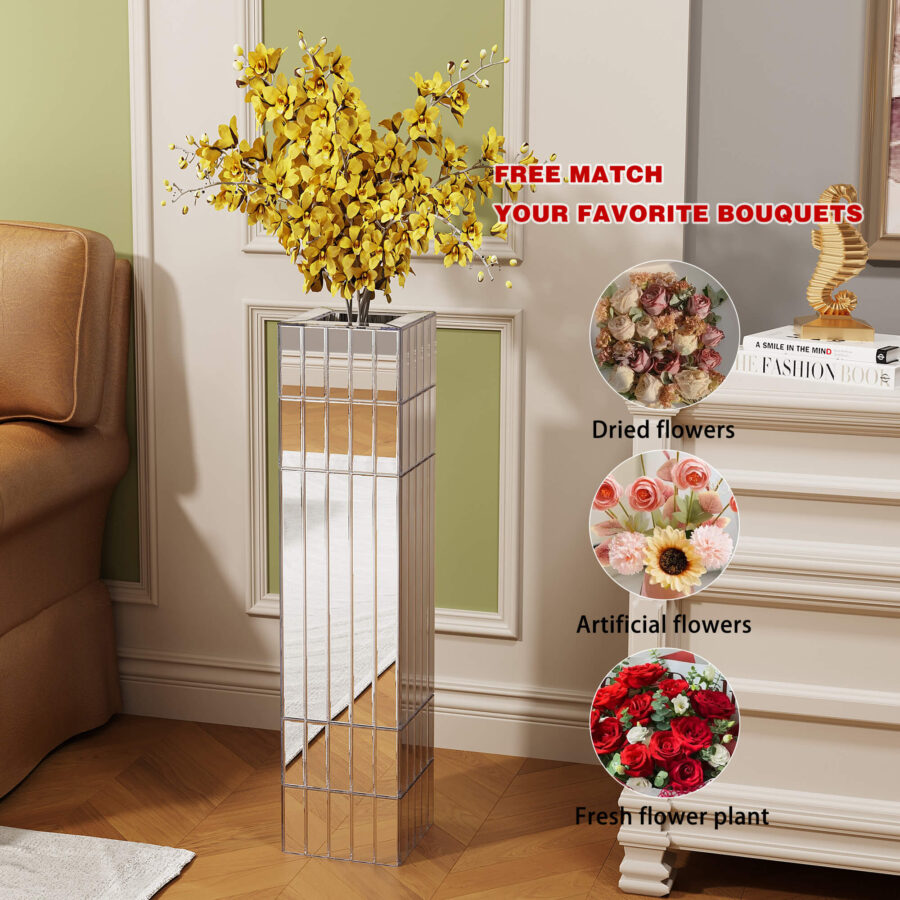 Tall Floor Vase 29.92" (76cm) Mirrored Floor Vase for Home Decor Large Cube Vase in Silver for Dried Flowers Modern Glass Vase for Living Room