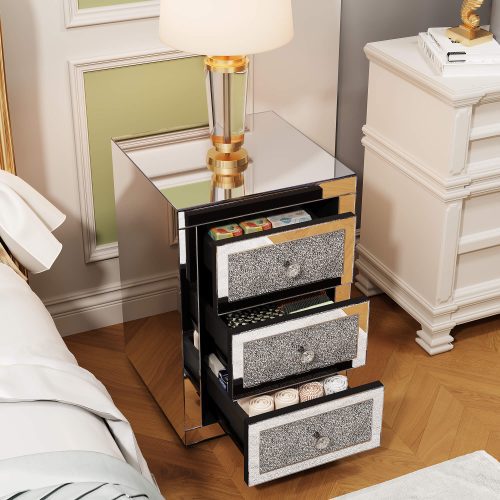 3-Drawer Mirrored Nightstand Bedside Table Glass Accent End Table Silver