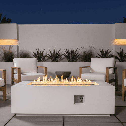 Outdoor Rectangle Propane Fire Pit Table 60inch, 60,000 BTU Concrete Fire Table with Waterproof Cover, Auto-Ignition, Free Lava Rocks,White