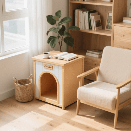 Lumicedar Cream Yellow Flat Roof Pet House FSC Solid Wood 53×51.6×60 cm Indoor Shelter for Small Cats & Dogs