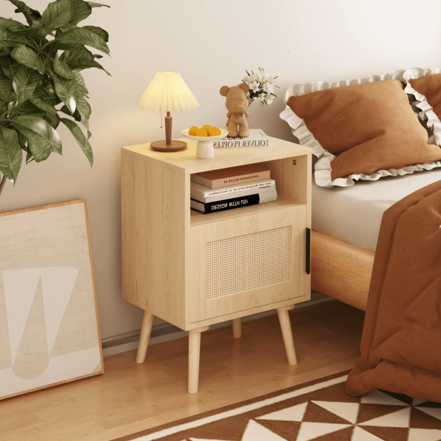 22.83'' H Rattan Nightstand, Side Table with Door Open Shelf