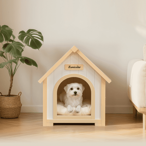 FSC Solid Cedar Pet House – Cream Yellow Cabin Style Indoor Shelter for Small Dogs & Cats