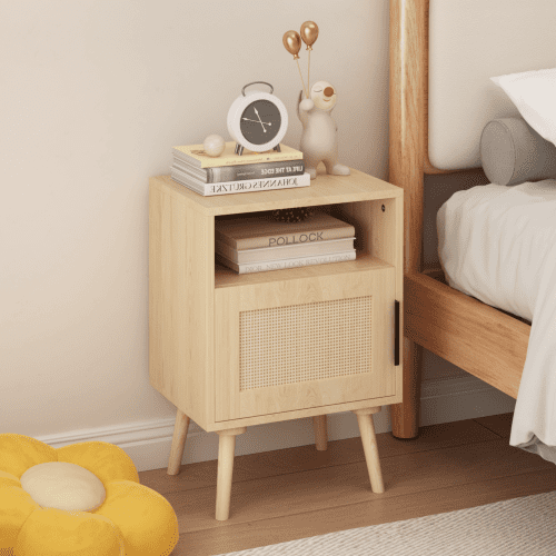 5d103551aaac9273d04edbbedfc759bd 22.83'' H Rattan Nightstand, Side Table with Door Open Shelf