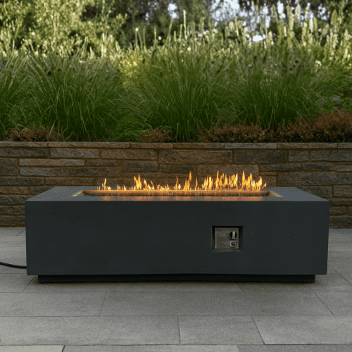 Outdoor Rectangle Propane Fire Pit Table 60inch, 60,000 BTU Concrete Fire Table with Waterproof Cover, Auto-Ignition, Free Lava Rocks,