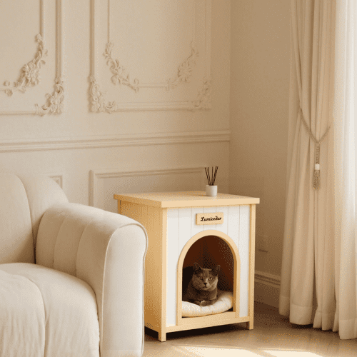 Lumicedar Cream Yellow Flat Roof Pet House FSC Solid Wood 53×51.6×60 cm Indoor Shelter for Small Cats & Dogs