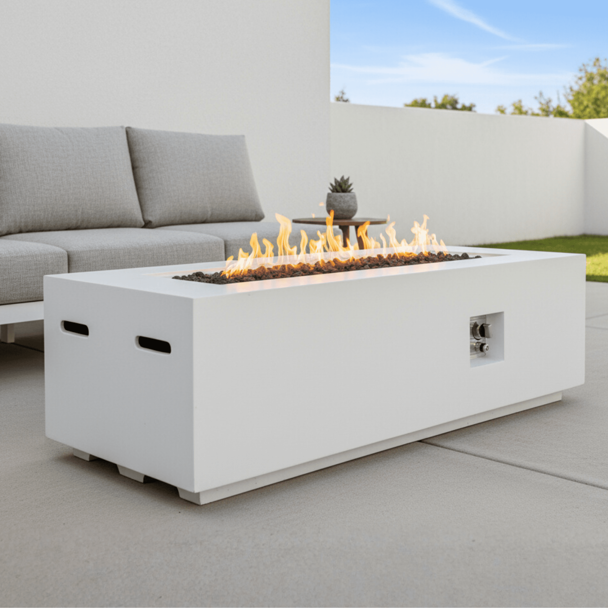 Outdoor Rectangle Propane Fire Pit Table 60inch, 60,000 BTU Concrete Fire Table with Waterproof Cover, Auto-Ignition, Free Lava Rocks,White