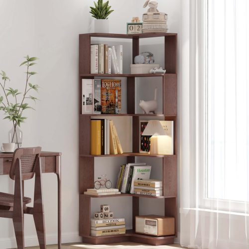 6 Tier Freestanding L-Shaped Corner Bookshelf For Living Room