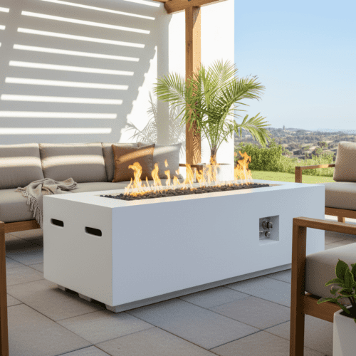 Outdoor Rectangle Propane Fire Pit Table 60inch, 60,000 BTU Concrete Fire Table with Waterproof Cover, Auto-Ignition, Free Lava Rocks,White