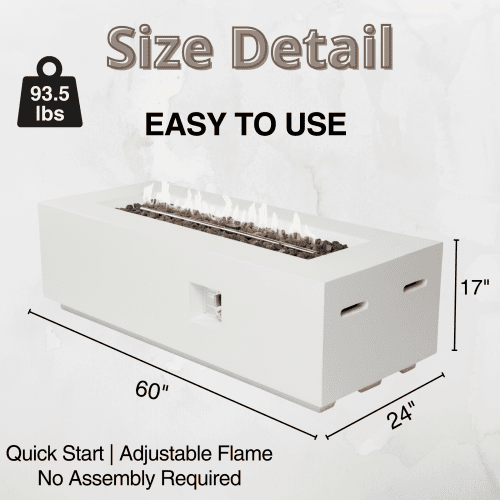 Outdoor Rectangle Propane Fire Pit Table 60inch, 60,000 BTU Concrete Fire Table with Waterproof Cover, Auto-Ignition, Free Lava Rocks,White