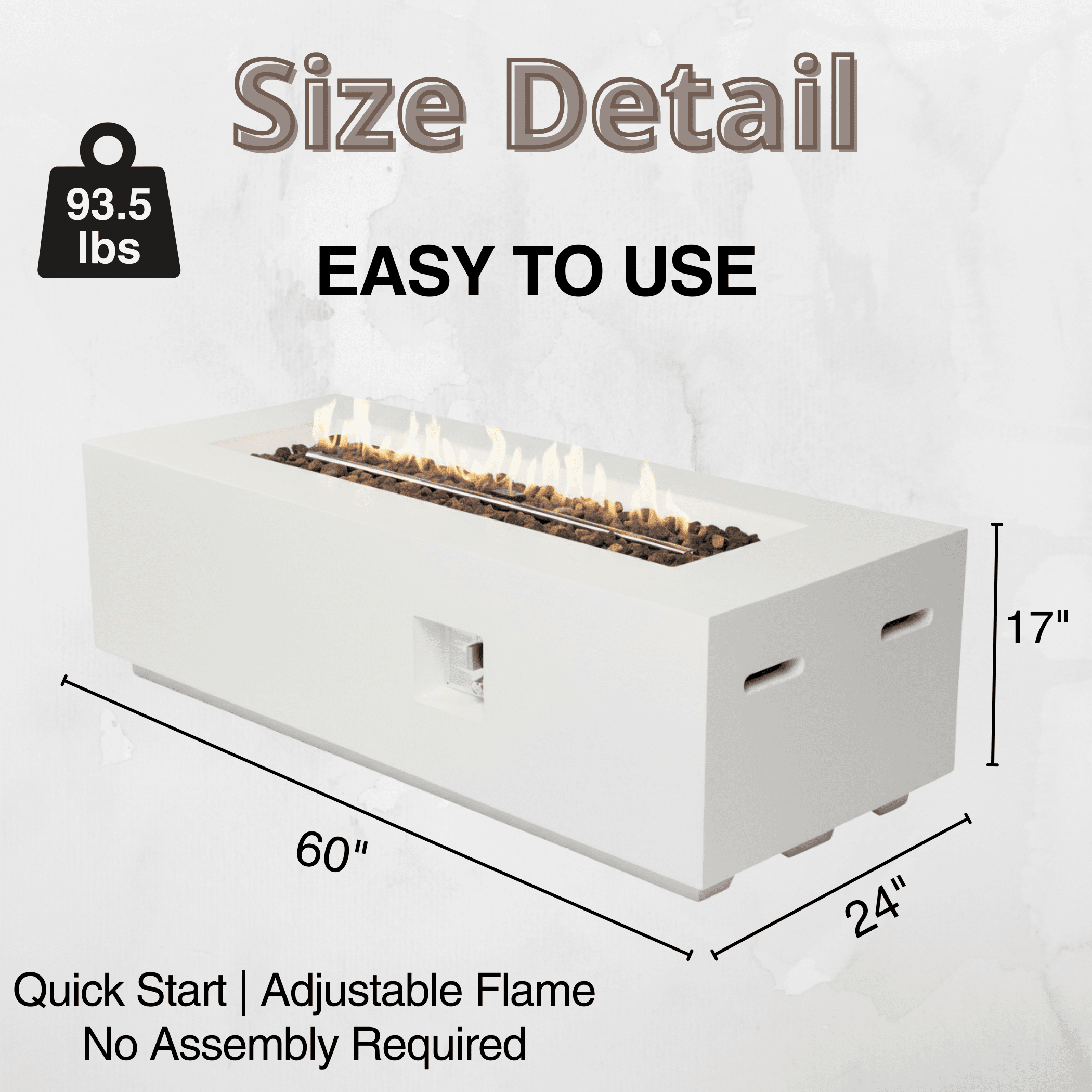 Outdoor Rectangle Propane Fire Pit Table 60inch, 60,000 BTU Concrete Fire Table with Waterproof Cover, Auto-Ignition, Free Lava Rocks,White