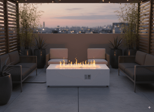 Outdoor Rectangle Propane Fire Pit Table 60inch, 60,000 BTU Concrete Fire Table with Waterproof Cover, Auto-Ignition, Free Lava Rocks,White