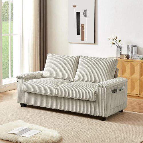 71" Sofa Plush Corduroy Square Storage Armrest USB port