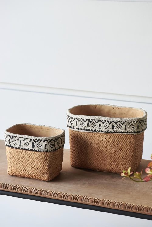 Set of 2 Rectangular Basket Planters with Geometric Trim,