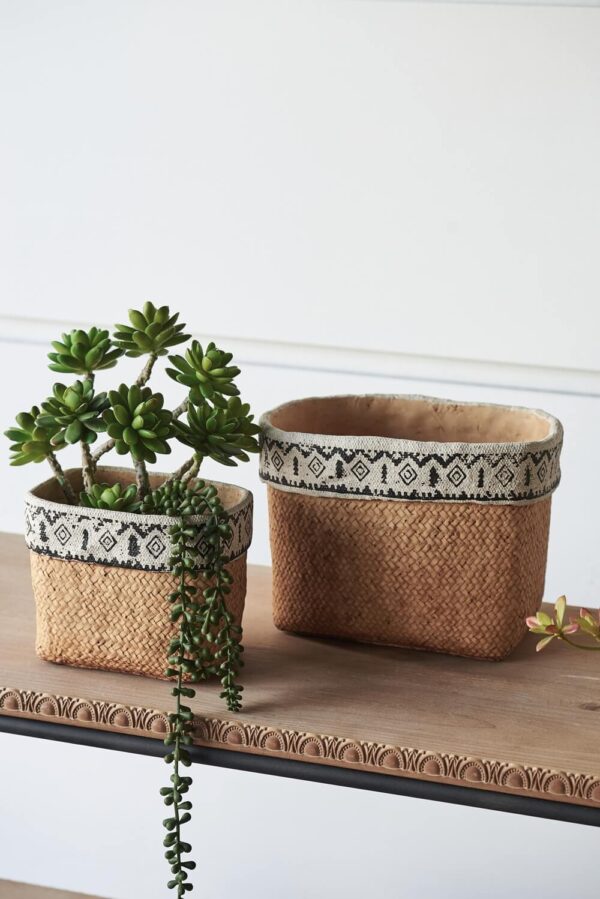 Set of 2 Rectangular Basket Planters with Geometric Trim,