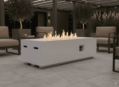 Outdoor Rectangle Propane Fire Pit Table 60inch, 60,000 BTU Concrete Fire Table with Waterproof Cover, Auto-Ignition, Free Lava Rocks,White
