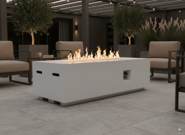 Outdoor Rectangle Propane Fire Pit Table 60inch, 60,000 BTU Concrete Fire Table with Waterproof Cover, Auto-Ignition, Free Lava Rocks,White