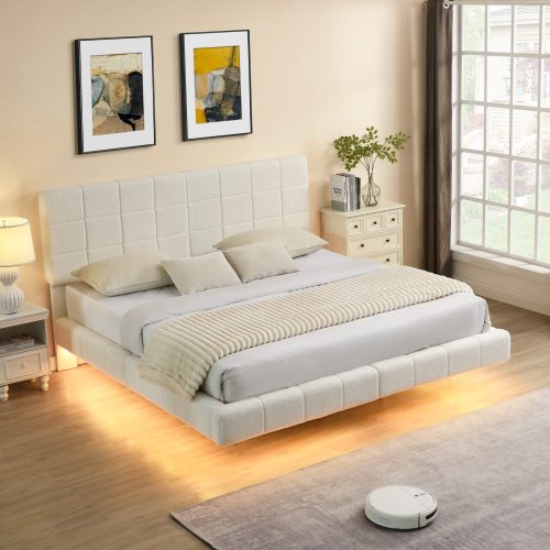 White Boucle Floating Bed with Light
