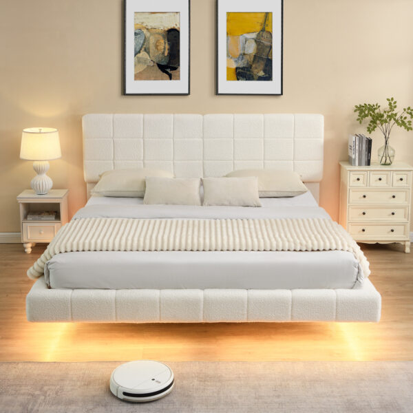 White Boucle Floating Bed with Light
