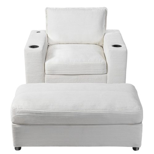 42.8" Oversized Chaise Lounge Chair with Storage Ottoman, Corduroy Sofa Bed with Cup Holders & USB Charging Port