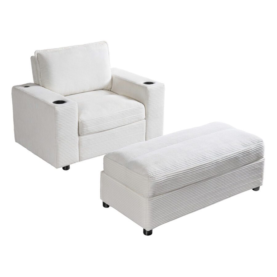 42.8" Oversized Chaise Lounge Chair with Storage Ottoman, Corduroy Sofa Bed with Cup Holders & USB Charging Port