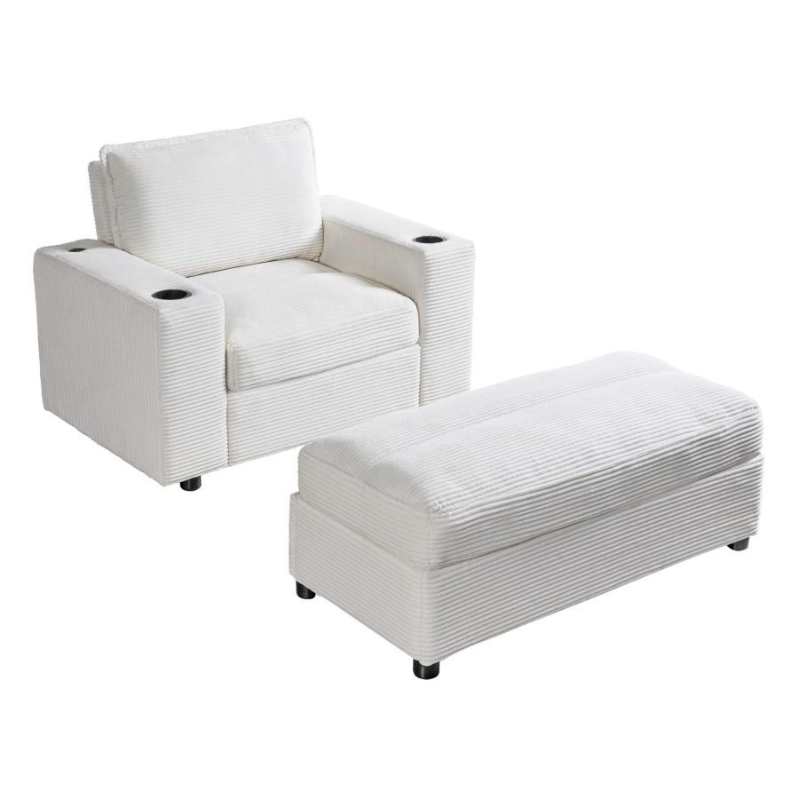42.8" Oversized Chaise Lounge Chair with Storage Ottoman, Corduroy Sofa Bed with Cup Holders & USB Charging Port