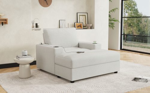 42.8" Oversized Chaise Lounge Chair with Storage Ottoman, Corduroy Sofa Bed with Cup Holders & USB Charging Port