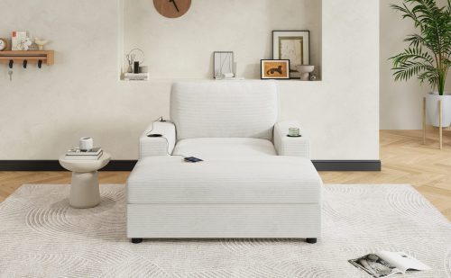 42.8" Oversized Chaise Lounge Chair with Storage Ottoman, Corduroy Sofa Bed with Cup Holders & USB Charging Port