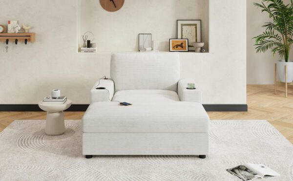 42.8" Oversized Chaise Lounge Chair with Storage Ottoman, Corduroy Sofa Bed with Cup Holders & USB Charging Port