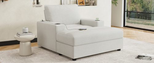 42.8" Oversized Chaise Lounge Chair with Storage Ottoman, Corduroy Sofa Bed with Cup Holders & USB Charging Port