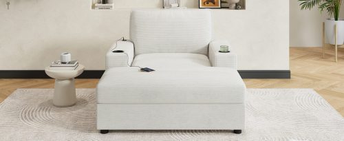 42.8" Oversized Chaise Lounge Chair with Storage Ottoman, Corduroy Sofa Bed with Cup Holders & USB Charging Port