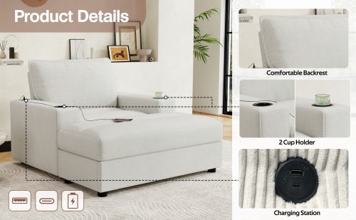42.8" Oversized Chaise Lounge Chair with Storage Ottoman, Corduroy Sofa Bed with Cup Holders & USB Charging Port