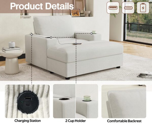 42.8" Oversized Chaise Lounge Chair with Storage Ottoman, Corduroy Sofa Bed with Cup Holders & USB Charging Port
