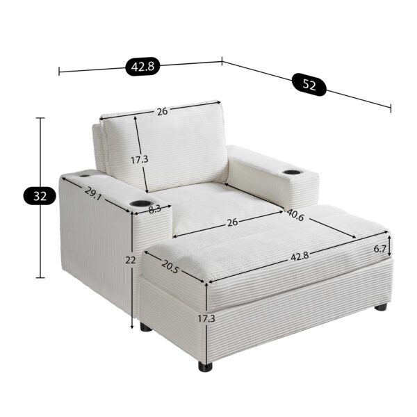 42.8" Oversized Chaise Lounge Chair with Storage Ottoman, Corduroy Sofa Bed with Cup Holders & USB Charging Port