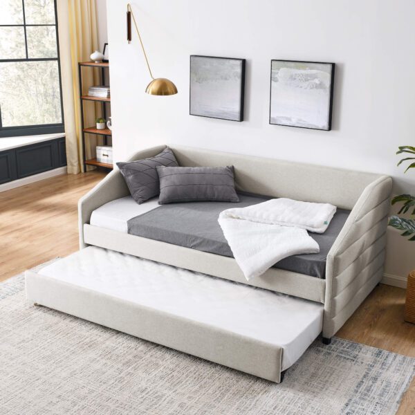 Twin Size Daybed with Trundle Upholstered Tufted Sofa Bed, Linen Fabric, Beige (82.5"x42.5"x34")