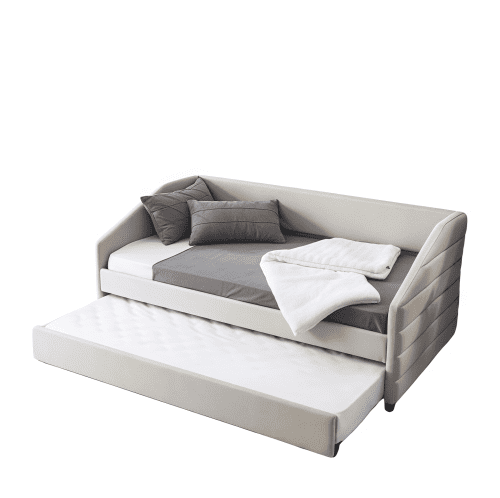 Twin Size Daybed with Trundle Upholstered Tufted Sofa Bed, Linen Fabric, Beige (82.5"x42.5"x34")