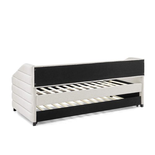 Twin Size Daybed with Trundle Upholstered Tufted Sofa Bed, Linen Fabric, Beige (82.5"x42.5"x34")