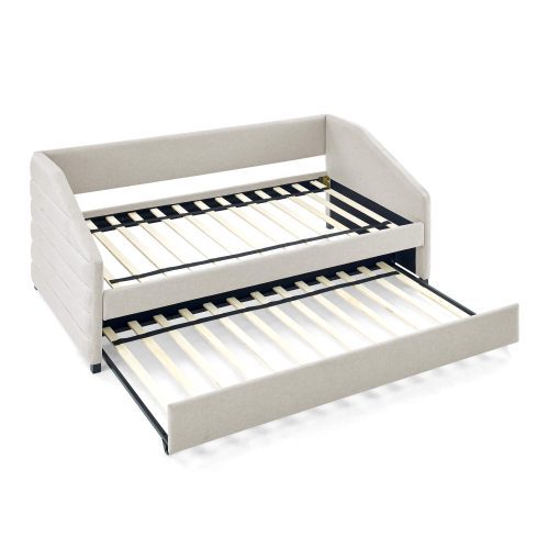 Twin Size Daybed with Trundle Upholstered Tufted Sofa Bed, Linen Fabric, Beige (82.5"x42.5"x34")