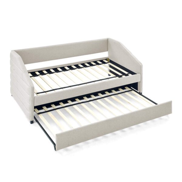 Twin Size Daybed with Trundle Upholstered Tufted Sofa Bed, Linen Fabric, Beige (82.5"x42.5"x34")