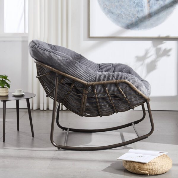 Velvet Outdoor Rattan Rocking Chair,Padded Cushion Rocker Recliner Chair Outdoor for Front Porch