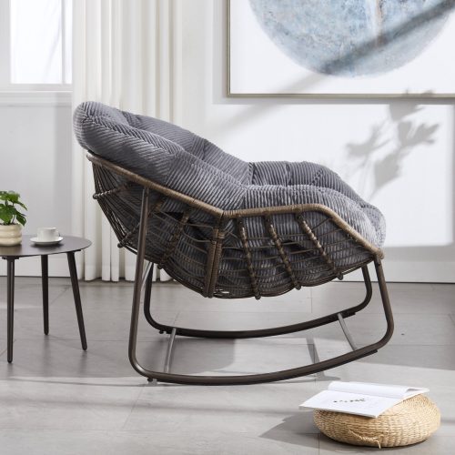 Velvet Outdoor Rattan Rocking Chair,Padded Cushion Rocker Recliner Chair Outdoor for Front Porch